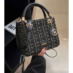 Just Star Black Gold Tweed Top Handle Crossbody Bag with Deer Charm